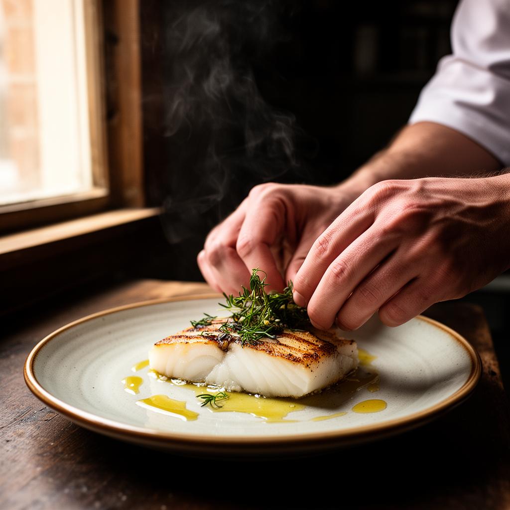 Kokk plater opp pannestekt fisk med friske urter